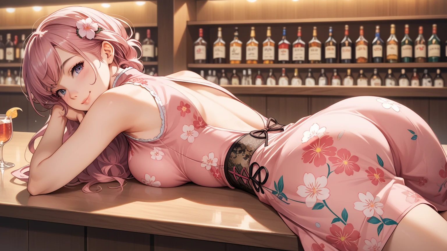 rating_safe, score_9, score_8_up, score_7_up, source_anime, masterpiece, best quality, solo, 1girl, wondering face, firm breasts(she is wearing pink floral body hugging cheongsam) ( lying her stomach on bar counter, rear shot view) see butt and hip, lough bar Tokyo, (Japan), best quality, 8k,