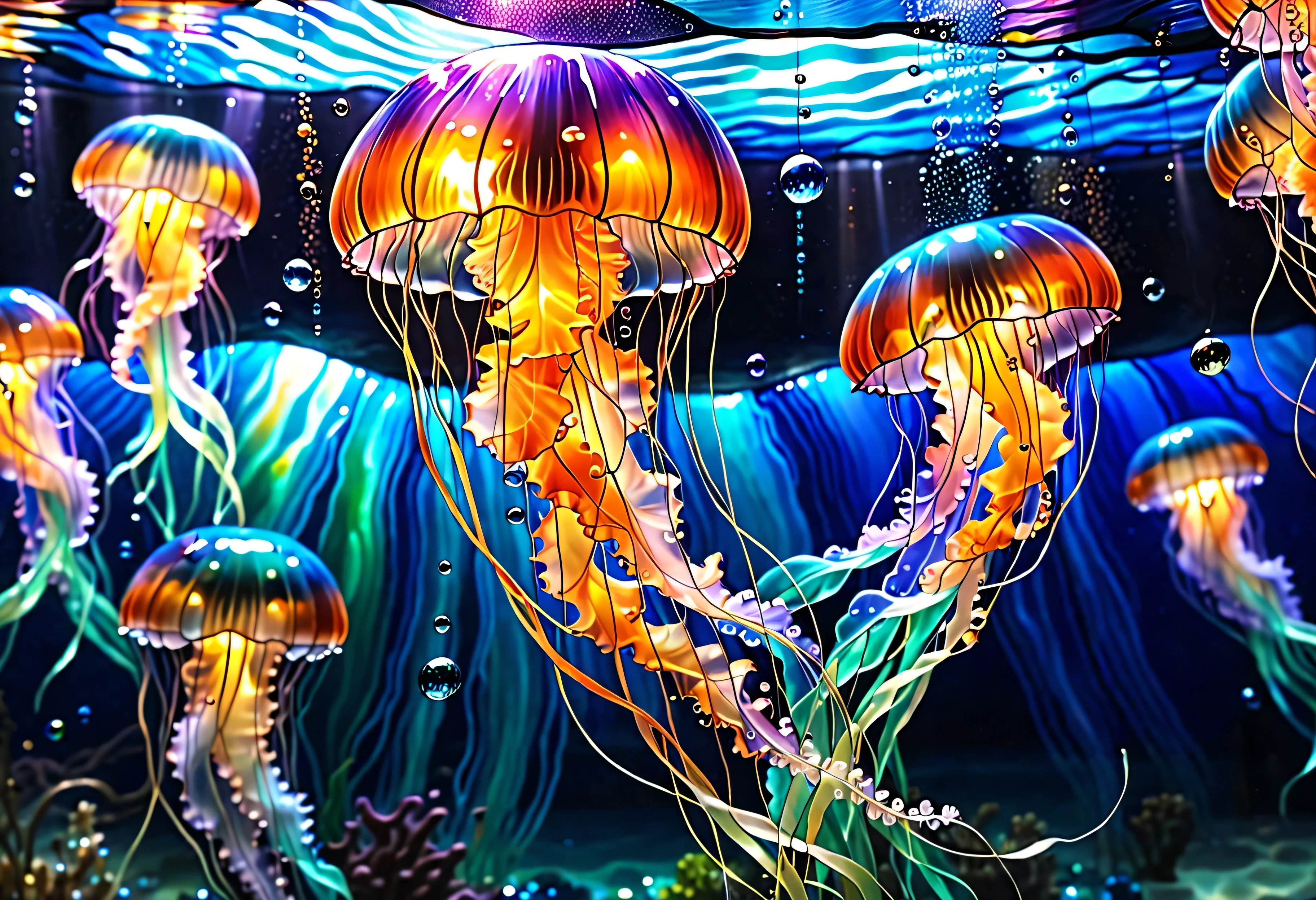 Jellyfish　The ocean's beautiful　element　 jelly-like ocean, Amazing depth,　Bubble　swim　In the sea　 sparkle　reflection、 stained glass　Glass　water　waterの中　 beautiful　Painting　