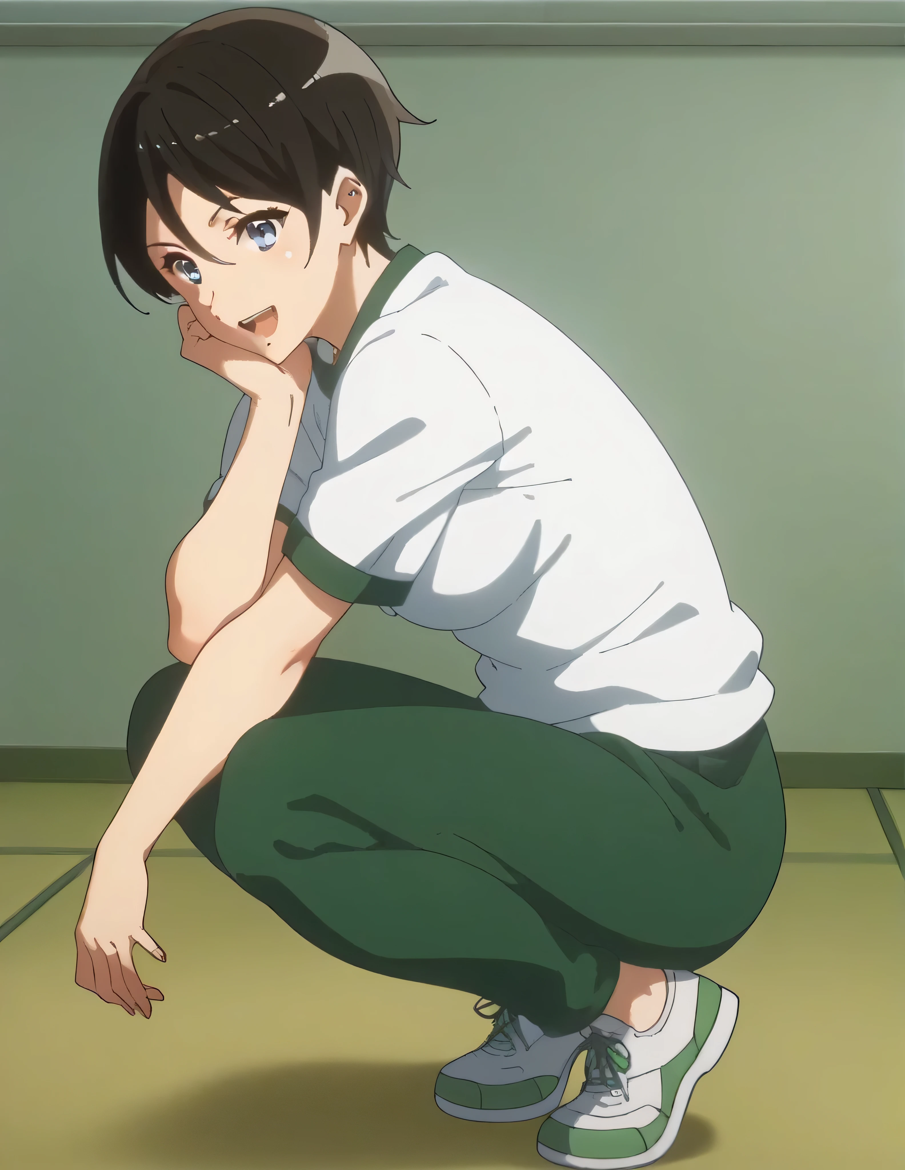 score_9, score_8_ up, score_7_ up, score_6_ up, score_5_ up,  Source_Anime, rating_safe, medium breasts,  One girl , Alone, indoor, Gym,  medium breasts, suzuki mirei ,  Shorthair,  hair between eyebrows,  blue eyes, Gym uniform,  white shirt, Green trousers,  short shorts,  white knee-high ,  sneakers, ( full body :1.5),  viewers, smile,  open mouth ,  crouching , (from side:1.5), A little thick,judo player、judo、Inside the judo Gymnasium、On the tatami、discovery、whole body、rest、幼い頃judo家に育てられた. 