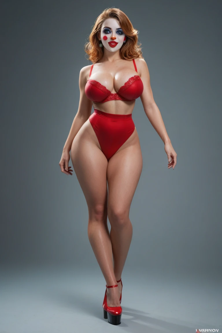 "Creates the image of a beautiful mature model in her 60s with an olive skin tone and short curly pink hair. Huge breasts, giant breasts. Her eyes are clear and have a seductive shine. She has huge tits, huge butt , naked breasts. She is wearing sensual red satin lingerie, with a classic style that accentuates her elegance and sensuality. The image should capture a sophisticated and confident posture, with an expression that mixes sensuality and sophistication. The woman is standing, with one hand. on her hip and the other playing with a lock of her hair, while she tilts her head slightly to the side. Her expression is mischievous, with a slight smile that suggests flirtation. Her body is slightly turned to show her figure in a subtle way.
