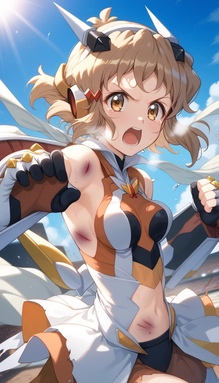  top quality ,  soft light during the cruise,  super high res,  cute, Beautiful face in every detail , High Resolution Details of Human Skin Textures, Shiny Skin,sweat,Heat, white breath ,Hibiki Tachibana,Brown Hair,, battle costume,Outdoor Arena,sunlight, serious eyes,Ready,Big eyes, Symphogear ,armed gear , open mouth ,Fighting pose,bruised body, has weapons, hair ornament, torn clothes ,Short Hair, crying