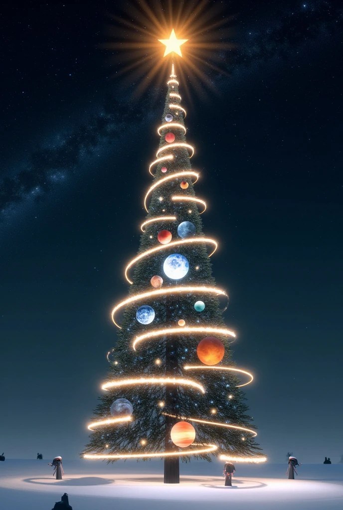 A surreal gigantic cosmic Christmas tree standing on a snowy surface, designed with a celestial theme. The tree is wrapped in spiral orbits adorned with planets of varying sizes, including Jupiter, Saturn, and others, with Earth positioned at the center, glowing brightly with a radiant and sparkling effect. Shimmering ornaments and glowing fairy lights are scattered throughout the design. At the top of the tree, a golden star emits a dazzling light. Above the tree, the words Merry Christmas and Happy New Year 2025 appears in a glowing, elegant font, blending seamlessly with the cosmic theme. The background features a dark, starry night sky with the Milky Way stretching across, creating a sense of wonder, mystery, and festive warmth.