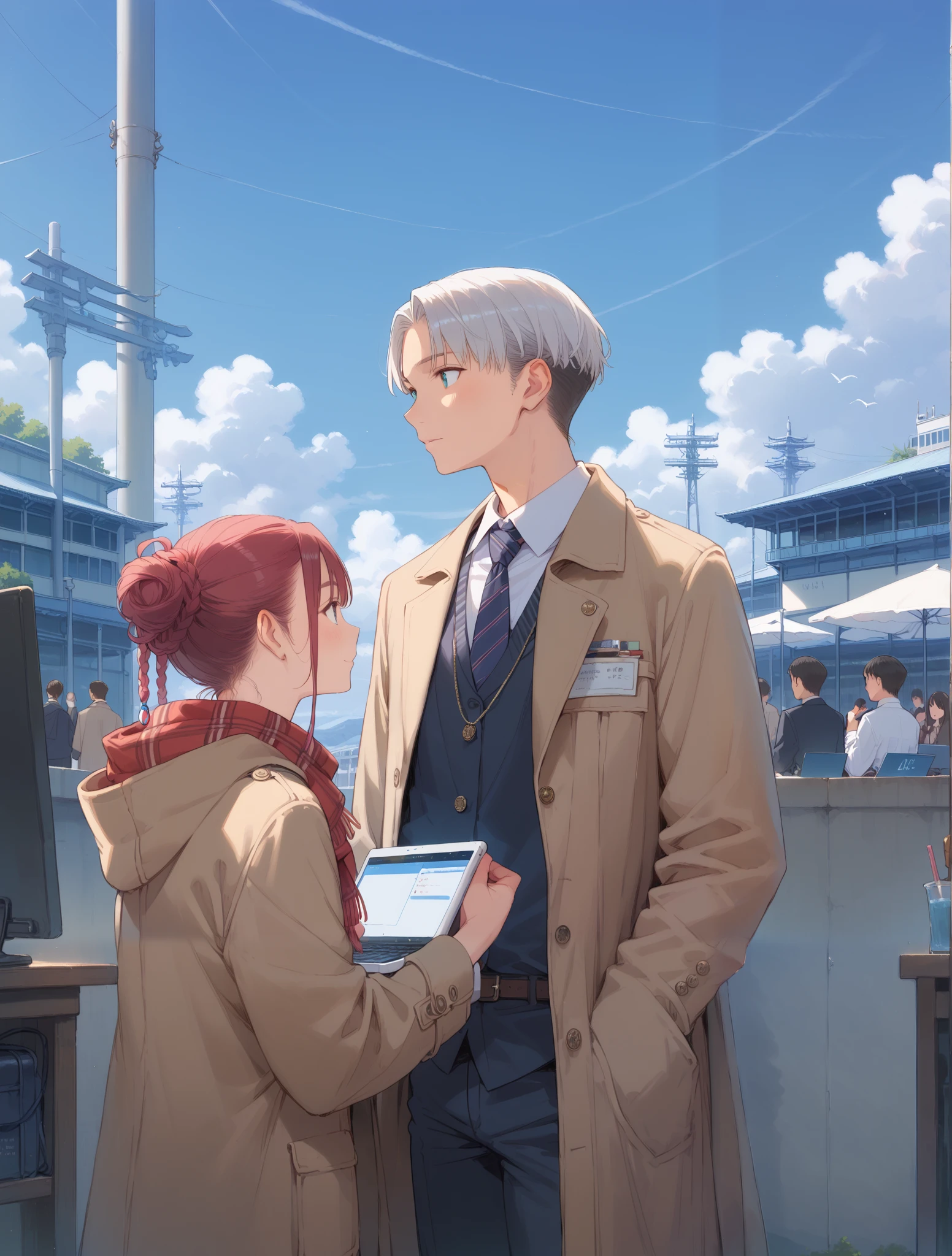 Nation, A man wearing a trench coat and a scarf around his neck, A man in a trench coat is carrying a laptop computer, Academic, good at science, intelligent male figure, The scene conveys a sense of connection, The composition uses the rule of thirds to balance the couple against the expansive sky, Under the sky, University, the crimson horizon adding depth and emotion, Zeal, January, A romantic scene under a clear blue sky, Men and women, Earnest, A beautiful crimson horizon in the distance, Like the Kyanite, Special