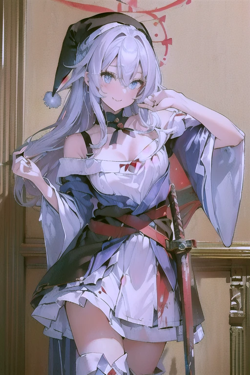 (from below:1.2),((1girl, silver hair, long hair, qutel blue eyes, beautiful eyes, pretty smile:1.5, ), ( off-shoulder dress, sweater dress,, santa hat, black tights, santa boots), (((holding ominous japanese sword:1.1 ))), ((battlescene,slashilg,killing the mafia,blood splash)), (outdoor, party room, christmas party), ((masterpiece:1.5)), ((best quality:1.5)), (ultra-detailed:1.5), (cinematic lighting, cinematic posing), (goddess smile:1.1),(with sparkling eyes and a contagious smile),her thin pubic hair:1.2, off-shoulder dress, sweater dress, Purplish blue eyes that dreamers desire, small stature, medium , Lori face, (masutepiece:1.2, Best Quality), (finely detailed beautiful eye: 1.2), (beautifull detailed face), (perky chest:1.2), (pointed chest:1.1), (bra magazine cover:1.3),(with sparkling eyes and a contagious smile),her thin pubic hair:1.2, looking at viewer