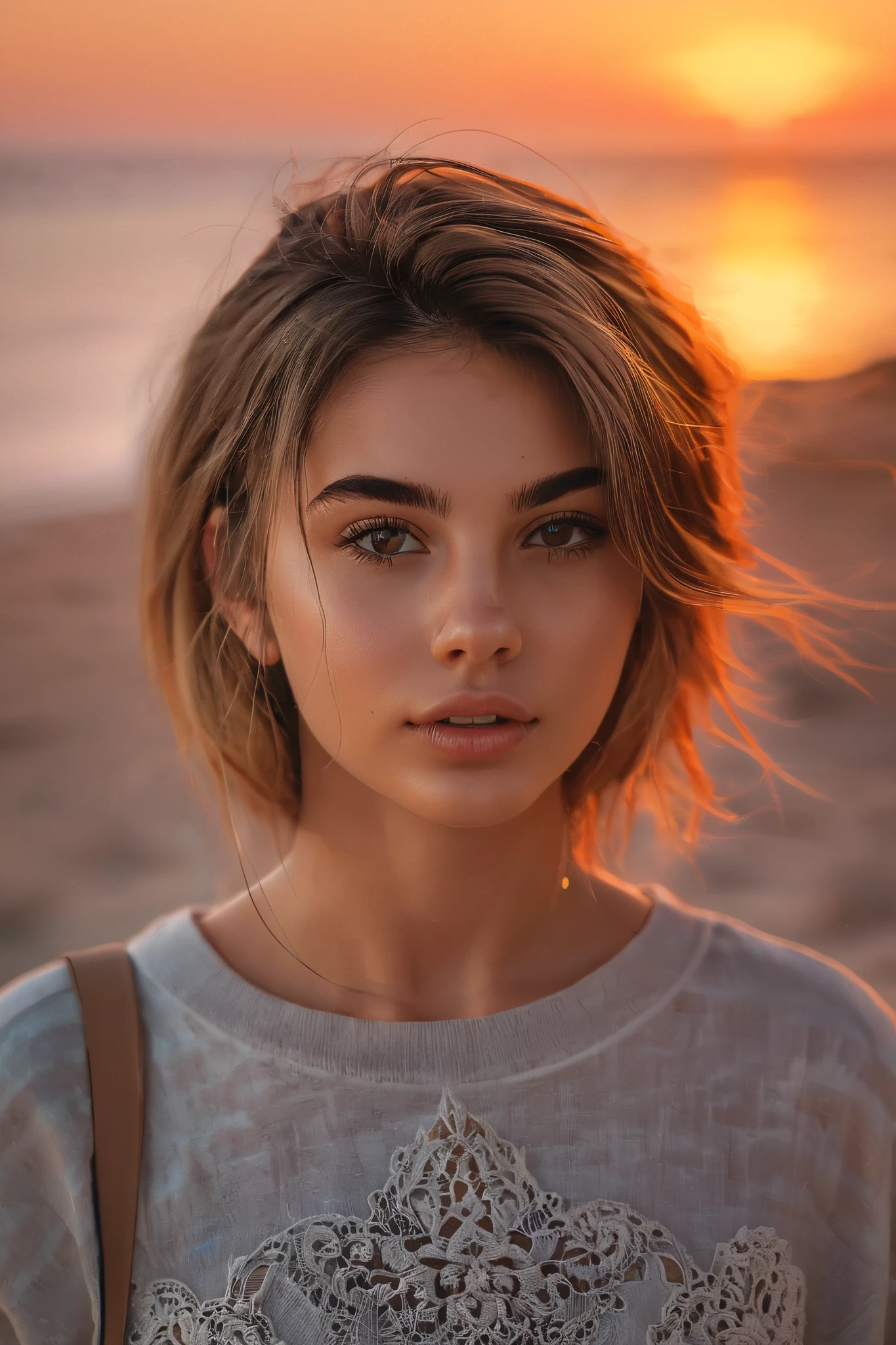 ultra realistic 23yo girl portrait on beach sunset