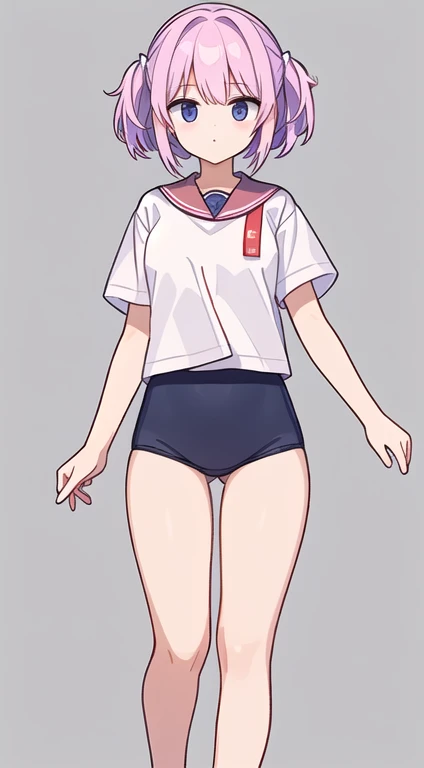 Miyanoshita Satsuki, with her beautiful legs, stands in a white gym uniform and light navy blue bloomers that look like panties.。