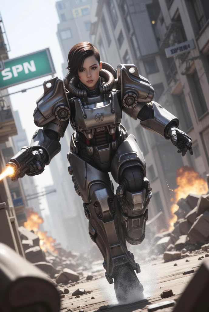 T-60 power armor，short hair girl, no helmet，running, shooting pistol