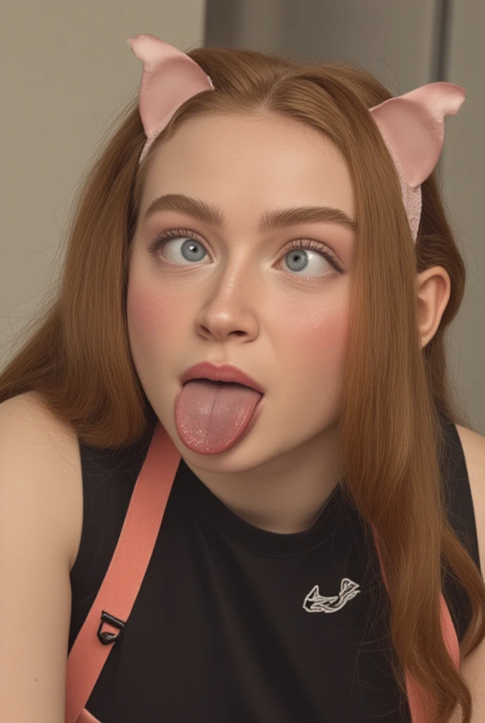 Sadie sink with a closed mouth but raised eyebrows surprised, Sadie sink