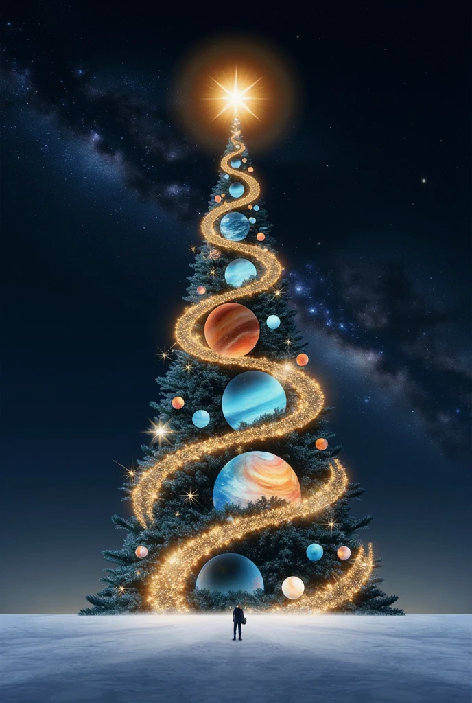 A surreal gigantic cosmic Christmas tree standing on a snowy surface, designed with a celestial theme. The tree is wrapped in spiral orbits adorned with planets of varying sizes, including Jupiter, Saturn, and others, with Earth positioned at the center, glowing brightly with a radiant and sparkling effect. Shimmering ornaments and glowing fairy lights are scattered throughout the design. At the top of the tree, a golden star emits a dazzling light. Above the tree, the words Merry Christmas and Happy New Year 2025 appears in a glowing, elegant font, blending seamlessly with the cosmic theme. The background features a dark, starry night sky with the Milky Way stretching across, creating a sense of wonder, mystery, and festive warmth.