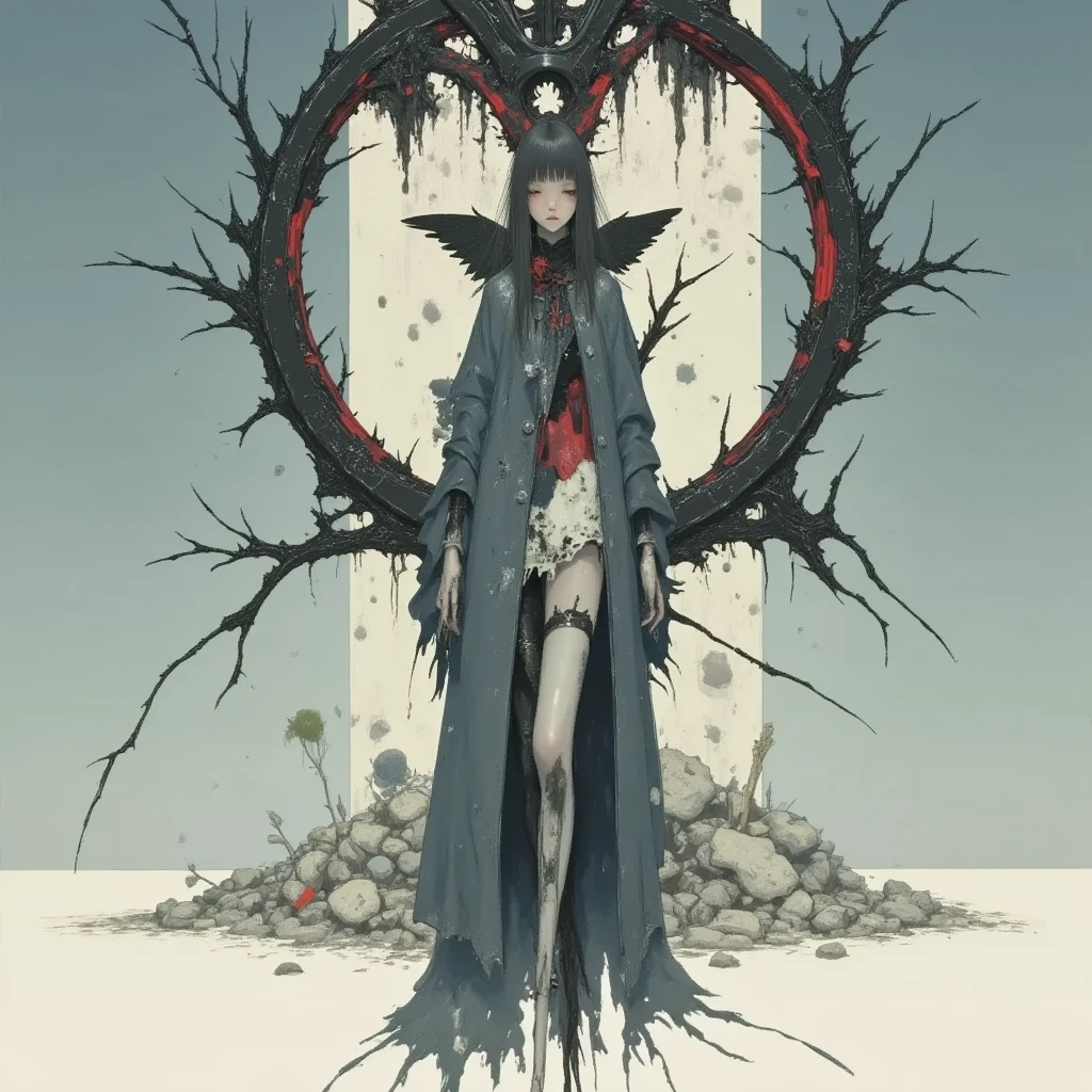 deadly horror, A haunting and dramatic depiction of a fallen angel standing, with gray Trench Coat and red Scarf, broken wings, black crow wings, rotten body, skull face, everything collapse, red light cascade down from sky, dark atomosphere , flat anime, ink paint drawing, sad and cry, destroyed rings on top, 