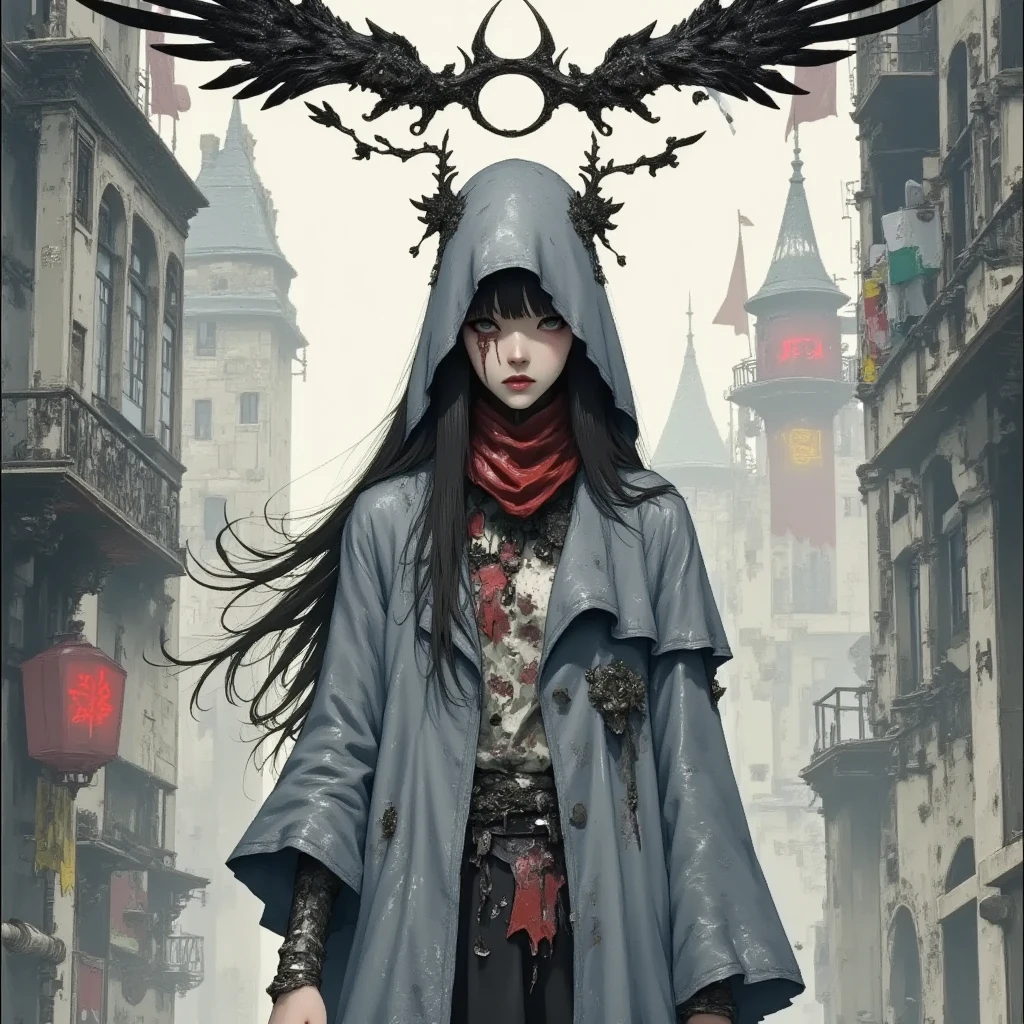 deadly horror, A haunting and dramatic depiction of a fallen angel standing, with gray Trench Coat and red Scarf, broken wings, black crow wings, rotten body, skull face, everything collapse, red light cascade down from sky, dark atomosphere , flat anime, ink paint drawing, sad and cry, destroyed rings on top, 