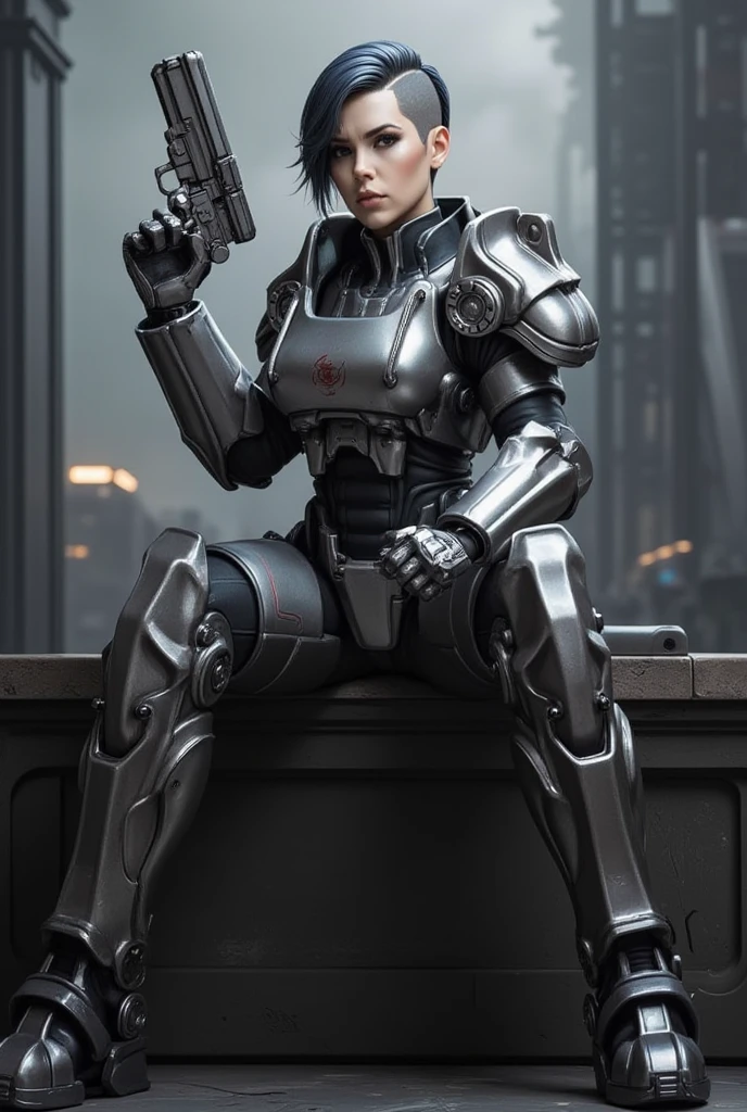 T-60 power armor，short hair girl, no helmet，Sitting，spread her legs to the audience, holding a pistol in right hand