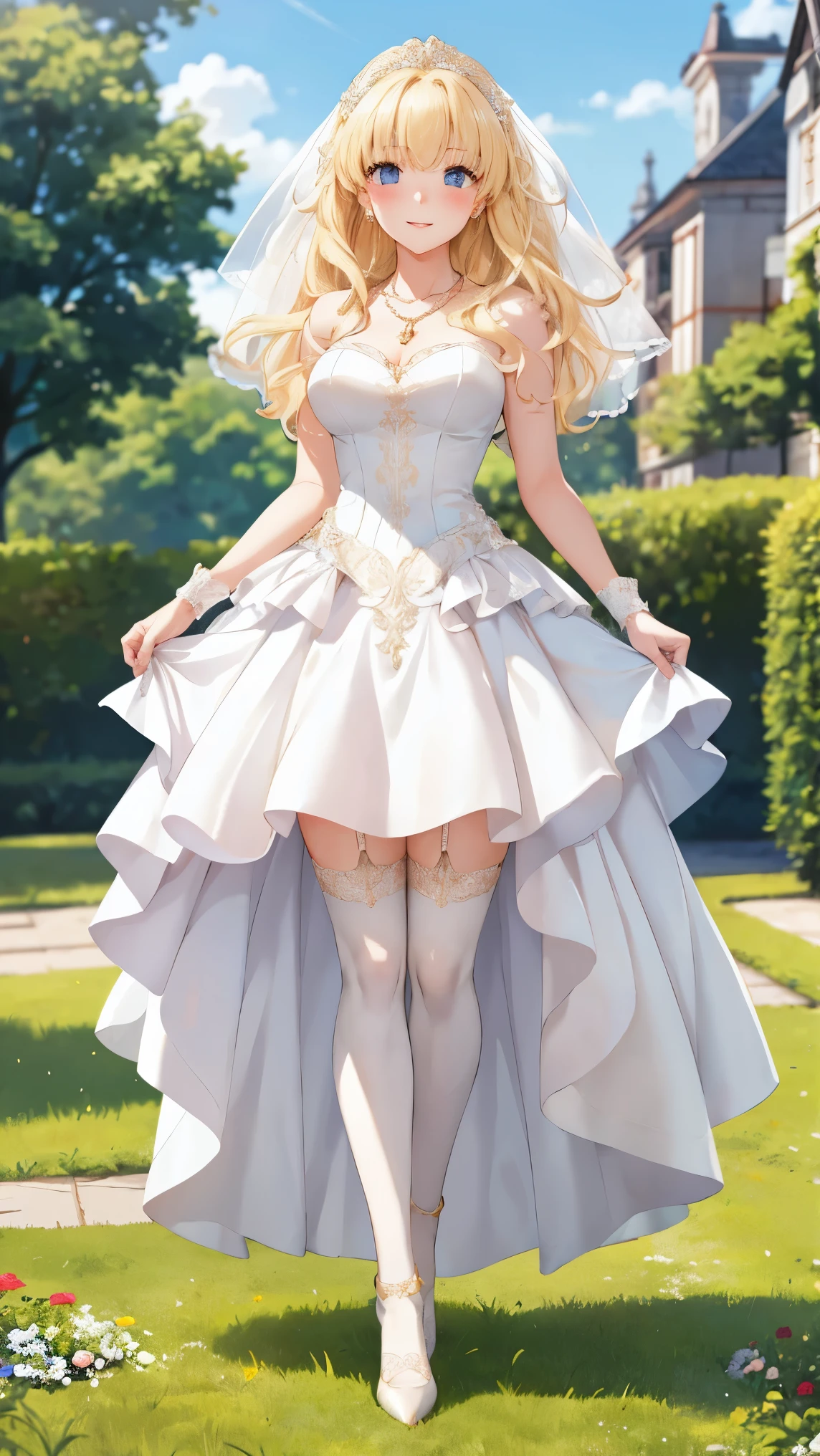 ultra detailed, sharp focus, best quality, masterpiece, colorful, mariacampbell, 1girl, blonde hair, full body shot, blush, intricate details, glossy lips, standing, layered wedding dress, garden, city, necklace, skirt parted in front, white thigh highs, light smile