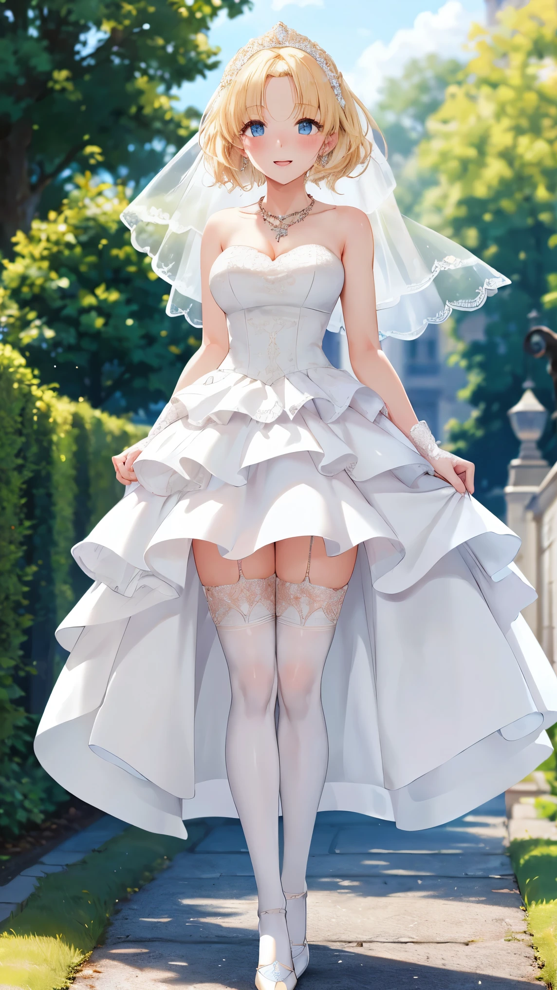 ultra detailed, sharp focus, best quality, masterpiece, colorful, mariacampbell, 1girl, blonde hair, full body shot, blush, intricate details, glossy lips, standing, layered wedding dress, garden, city, necklace, skirt parted in front, white thigh highs, light smile