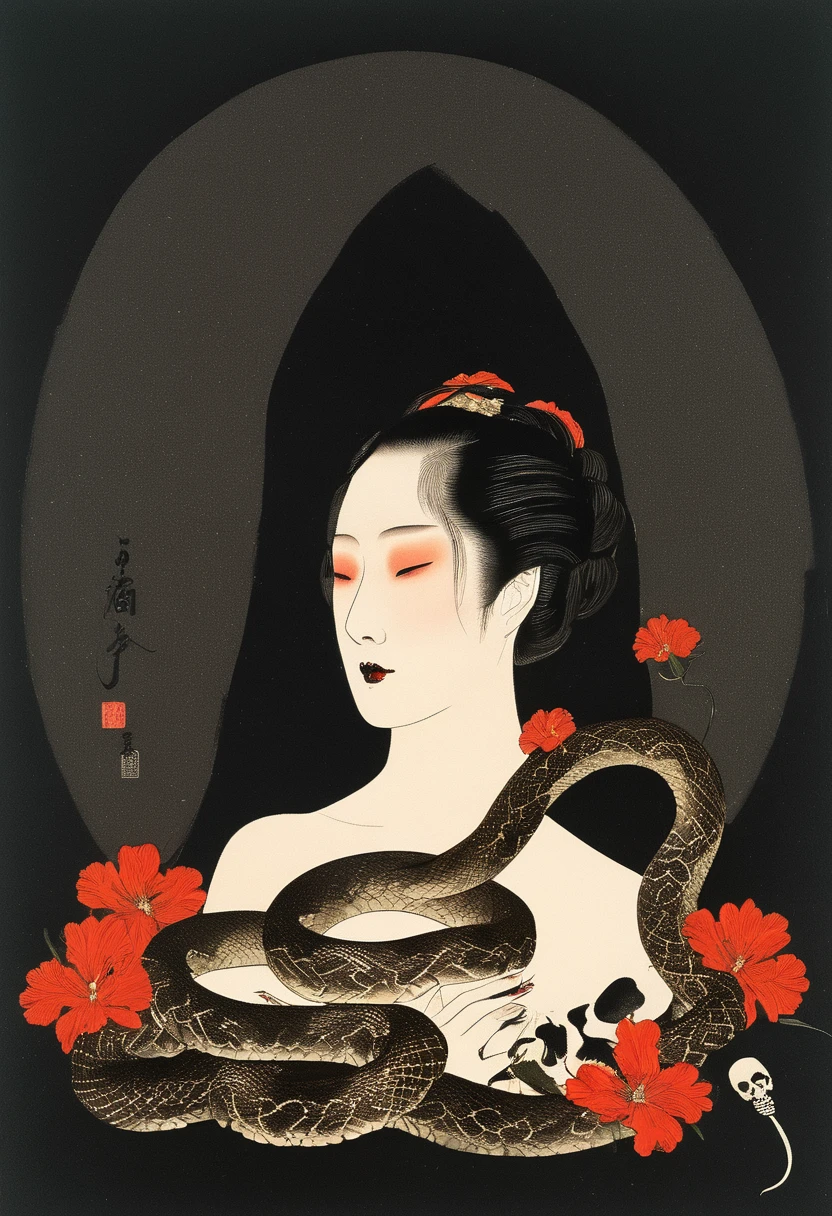 top quality ,8k, score_9, score_8_ up, score_7_ up, Source,Japanese art, Classical art, Ukiyo-e,lost paradise, grief, somber,vintage dusty vibe, like the movie 品質, break ,alone,sadness,Sensual illustration of an elegant woman,Enma Ai, butterfly ,bug,blunt bangs,gem, red eyes,black kimono,Himecut,bangs,black hair,very long hair,black eye,Detailed woman, ((white skin)), Clear Eyes , black eyeshadow, ( has long eyelashes), Well defined lips, black lipstick ,(((hold a skull and snake))), dark, melancholic , and Gloomy Vibes , like the movie , atmosphere, introspective , Emotional, James Gurney, Surrealist Art , dreamy, mysterious in another dimension, Provocative, symbolic, ( gothic but very beautiful:1.4), (masterpiece, top quality :1.4) ,((( Nicola Samori style ))), Chloe, Woman with lots of flowers blooming from her chest,bloody red