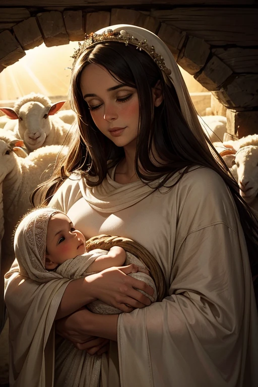 The birth of Jesus Christ, the scene in the manger. Mary holds the newborn baby Jesus in her arms, surrounded by sheep, lambs, straw. Behind Mary, a very bright, divine light makes its way into the semi-dark manger. Cozy, solemn, sweet.