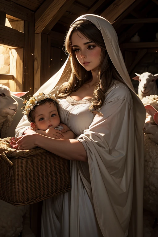 The birth of Jesus Christ, the scene in the manger. Mary holds the  Jesus in her arms, surrounded by sheep, lambs, straw. Behind Mary, a very bright, divine light makes its way into the semi-dark manger. Cozy, solemn, sweet.