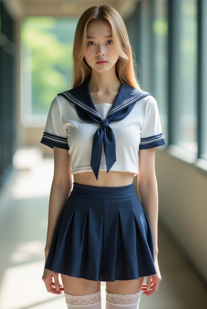 photorealistic, Ultra-detailed, (best quality, 8k, 32k, masterpiece, UHD:1.2), Photo of 22yo beautiful Hungarian woman taken by professional photographer, school hallway, ((walking)), summer sailor costume, short sleeve, sailor collar, bowtie, pleated mini skirt with panties, half updo hair, skinny, small breasts, navel,