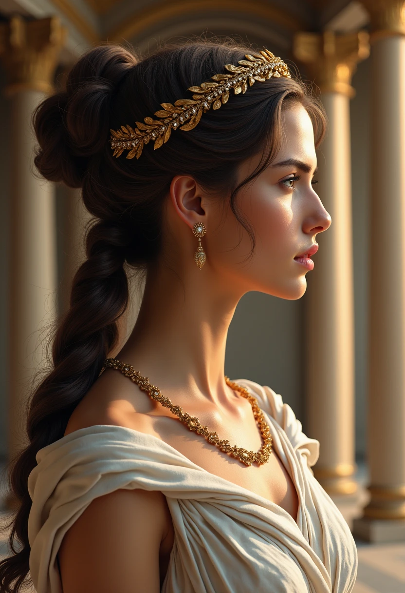 Mamiya photography,film grain,1950s style,foreground blur,close up,Marble sculpture, female figure, classical style, Greco-Roman art, draped fabric, contrapposto pose, detailed hairstyle with braids and tiara, neutral background, natural light beam, museum setting, artful nudity, subtle patina, intricately carved, full figure, timeless beauty, cultural artifact, (closeup:0.2)