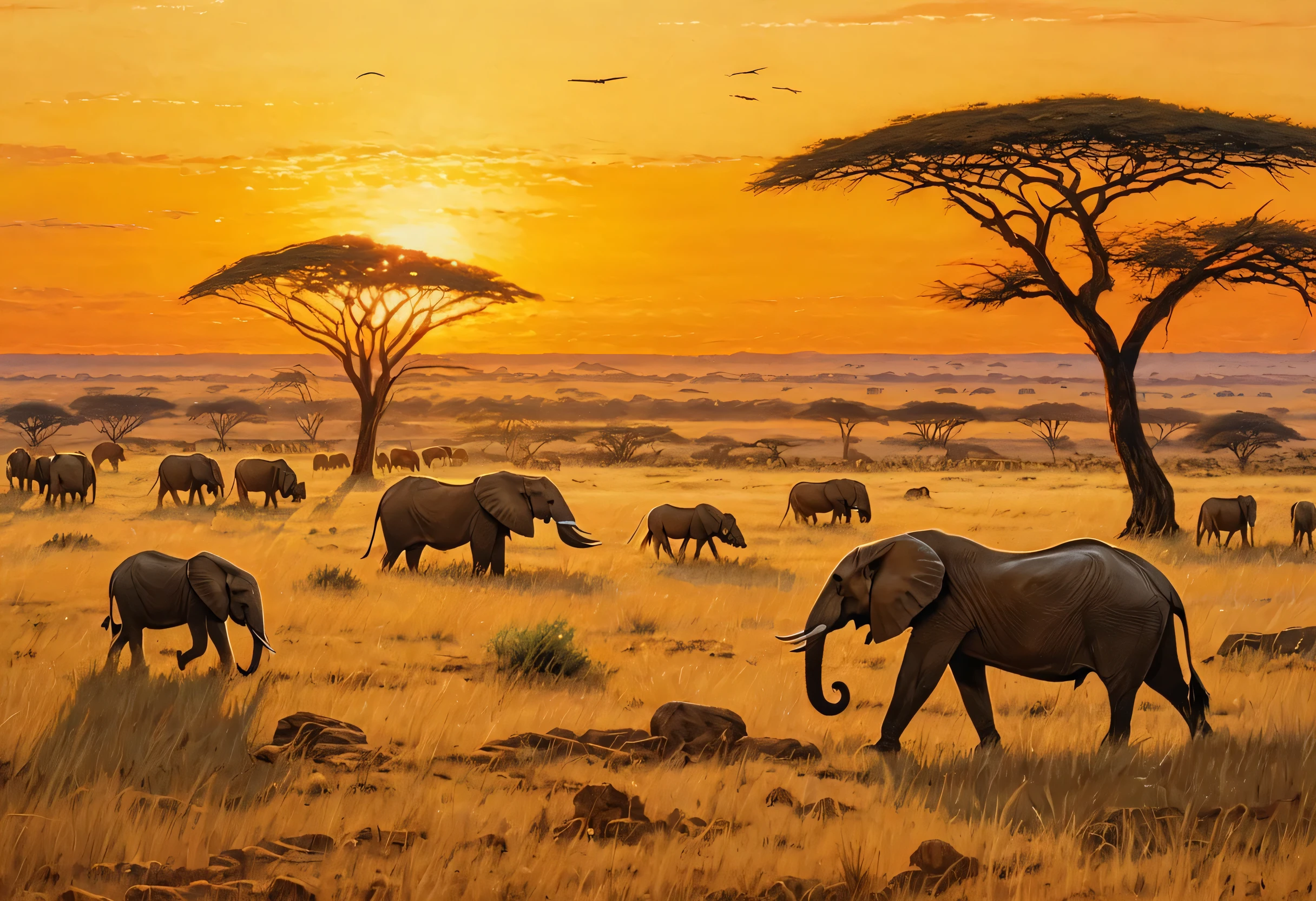 Epic African savanna panorama, oil painting style, golden hour lighting, herds of diverse animals, predators and prey coexisting. Inspired by John Banovich