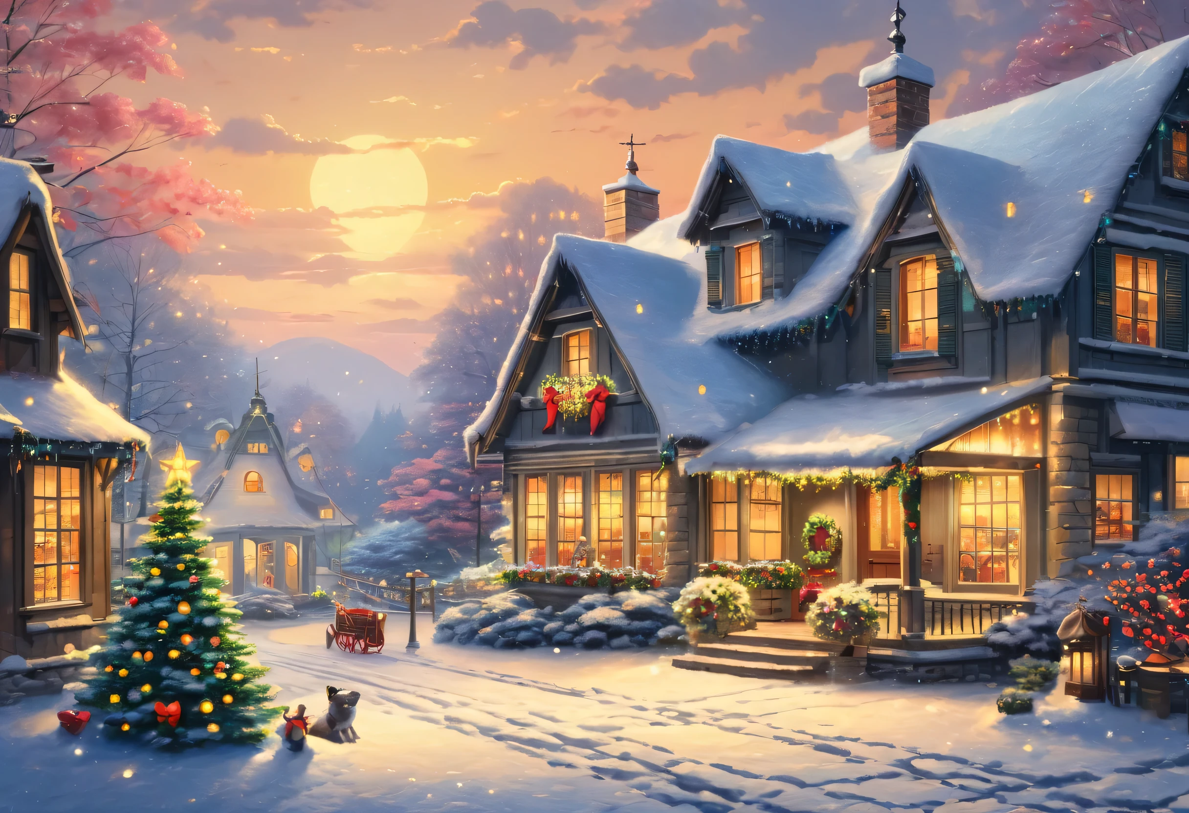 painting by senior artist , shutterstock, art, night, Holiday Season , 8k)), pers with decor, 8K Yen, 8k, artwork, Thomas Kinkade. cute pers with decor room, Foreground and Background