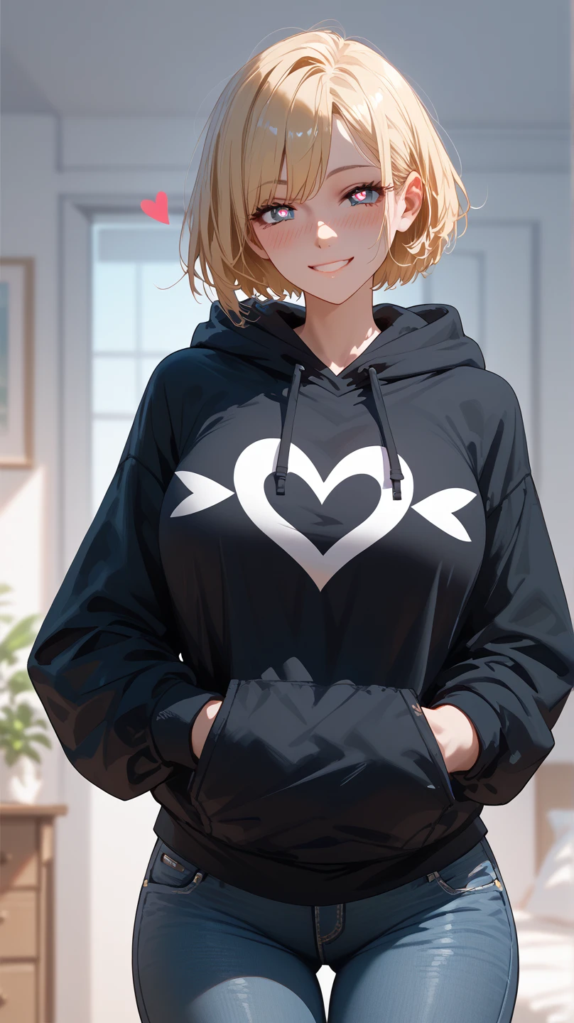 1 Girl,  unique ,  HD, Accurate, Short hair, blond, 头发在眼睛之间,  Big Breasts ,  blush,  has a seductive smile, heart in eye,   wearing a hoodie ,  jeans