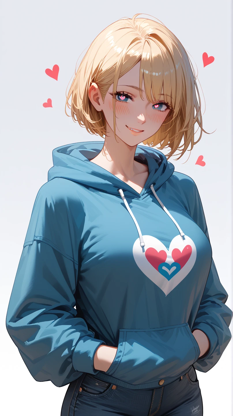 1 Girl,  unique ,  HD, Accurate, Short hair, blond, 头发在眼睛之间,  Big Breasts ,  blush,  has a seductive smile, heart in eye,   wearing a hoodie ,  jeans