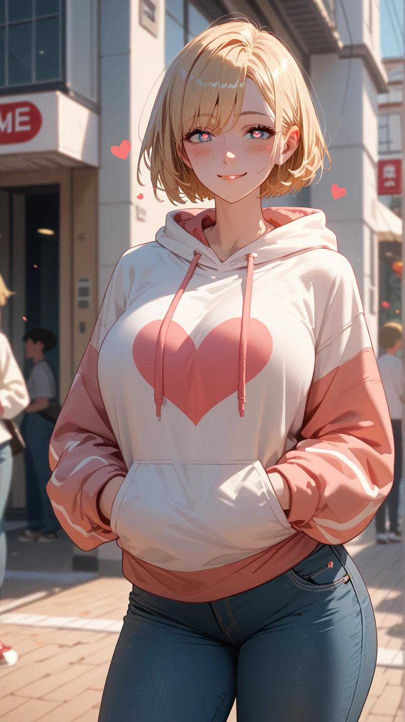 1 Girl,  unique ,  HD, Accurate, Short hair, blond, 头发在眼睛之间,  Big Breasts ,  blush,  has a seductive smile, heart in eye,   wearing a hoodie ,  jeans