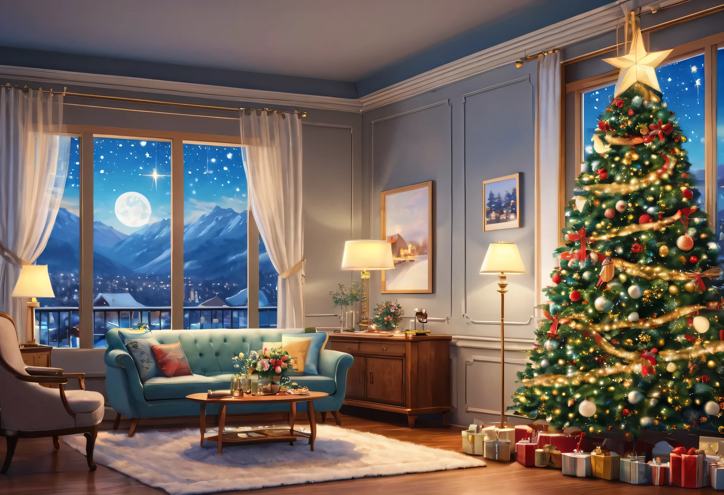 painting by senior artist , shutterstock, art, night, Holiday Season , 8k)), pers with decor, 8K Yen, 8k, artwork, Thomas Kinkade. cute pers with decor room, Foreground and Background