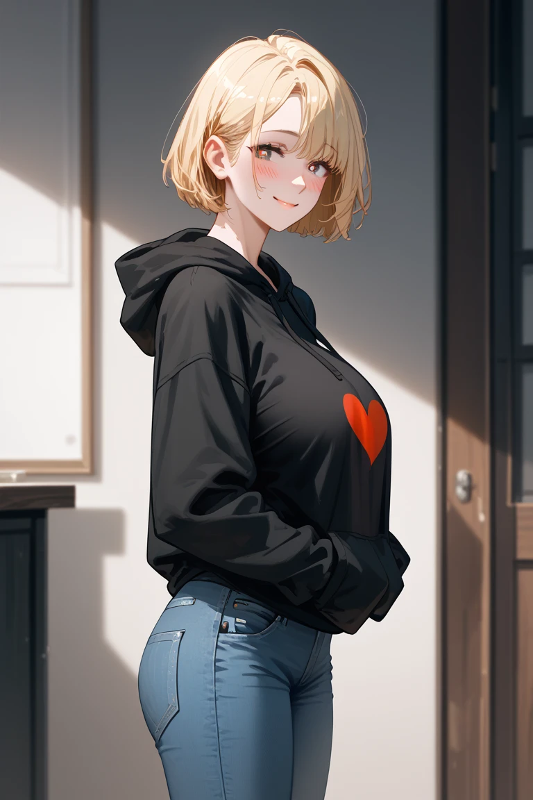 1 Girl,  unique ,  HD, Accurate, Short hair, blond, 头发在眼睛之间,  Big Breasts ,  blush,  has a seductive smile, heart in eye,  wearing a black hoodie ,  jeans, From the side