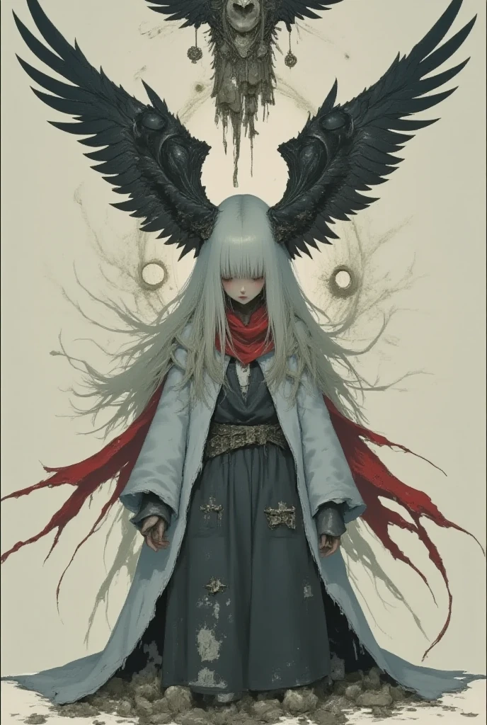 deadly horror, A haunting and dramatic depiction of a fallen angel standing, with gray Trench Coat and red Scarf, broken wings, black crow wings, rotten body, skull face, everything collapse, red light cascade down from sky, dark atomosphere , flat anime, ink paint drawing, sad and cry, destroyed rings on top, 