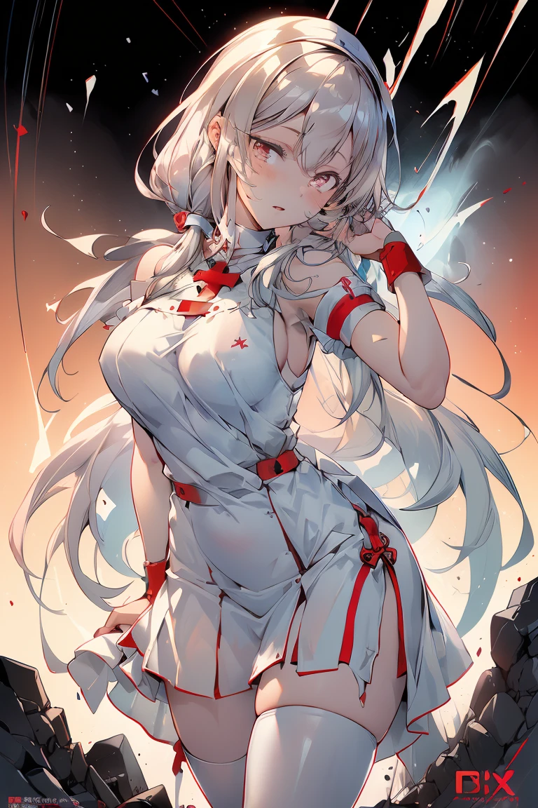 .20 year old young woman( Long twin tailwhite hair ),(bright red eyes)<=(eyes HD lighting) (has red lips), beautiful eyebrows (badass expression) both hands have red bracelets on the arms (wears clothes made of transparent white cloth) (sexy white underwear model Garter Belt ) (has 6 wings with a beautiful) (He wears gold bracelets on both feet) (sky setting at blue dark ) (there is an effect of bright red particles flying in the background, (flying) (pose during serious fighting) <=(lunging forward)giving an elegant and epic impression.dark atmosphere with bright particle light(many effects in background) blue lightning particel,