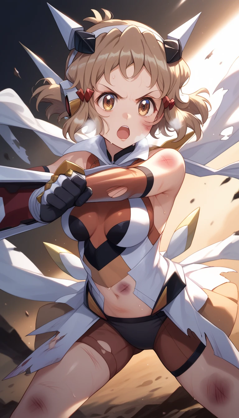  top quality ,  soft light during the cruise,  super high res,  cute, Beautiful face in every detail , High Resolution Details of Human Skin Textures, Shiny Skin,sweat,Heat, white breath ,Take a deep breath,Hibiki Tachibana,Brown Hair,, battle costume,Outdoor Arena,sunlight, serious eyes,Ready,Big eyes, Symphogear ,armed gear , open mouth ,Fighting pose,bruised body, has weapons, hair ornament, torn clothes ,Short Hair,