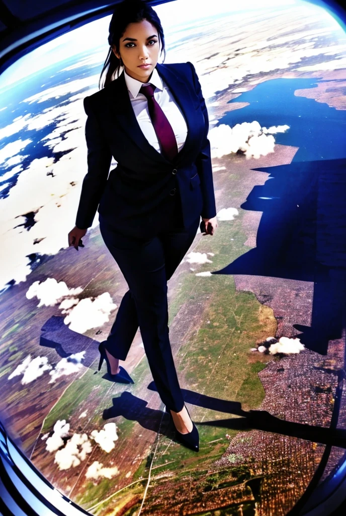 Hight altitude view of an approaching young giga giantess, Giantess art, 500 miles tall giga giantess, young sophisticated and stylish woman in a navy blue italian pinstriped trouser 3-peice suit, form fitting crisp office shirt, and a large wide light blue necktie in a windsor knot, with a beautiful, curvaceous figure, large natural breasts, and long blonde hair, with a curvaceous figure and massive breasts. wearing blue rounded court high heels with uncovered feet and standing, rampage-like pose, with a city skyscrapers background of mega-city, skyscapers, partially obscured by a hazy, cloudy atmosphere. The image is a high-resolution, masterpiece-quality, cinematic, ultra-detailed, and hyper-photorealistic photograph, with perfect hands, face, and lighting. ultra-detailed, 8K, photo-realistic, hyper-realistic, masterpiece, intricate details, full body view. Looking at camera, The image is a high-resolution, masterpiece-quality, cinematic, ultra-detailed, and hyper-photorealistic photograph, with perfect hands, face, and lighting. ultra-detailed, 8K, photo-realistic, hyper-realistic, masterpiece, intricate details, from high above