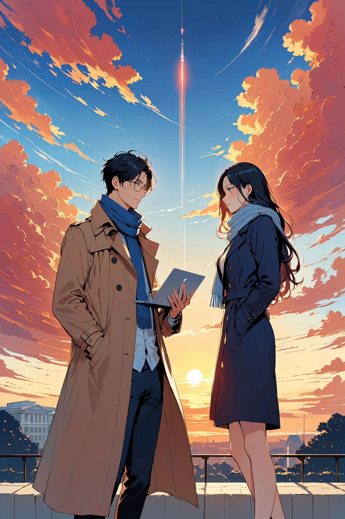 Nation, A man wearing a trench coat and a scarf around his neck, A man in a trench coat is carrying a laptop computer, Academic, good at science, intelligent male figure, The scene conveys a sense of connection, The composition uses the rule of thirds to balance the couple against the expansive sky, Under the sky, University, the crimson horizon adding depth and emotion, Zeal, January, A romantic scene under a clear blue sky, Men and women, Earnest, A beautiful crimson horizon in the distance, Like the Kyanite, Special