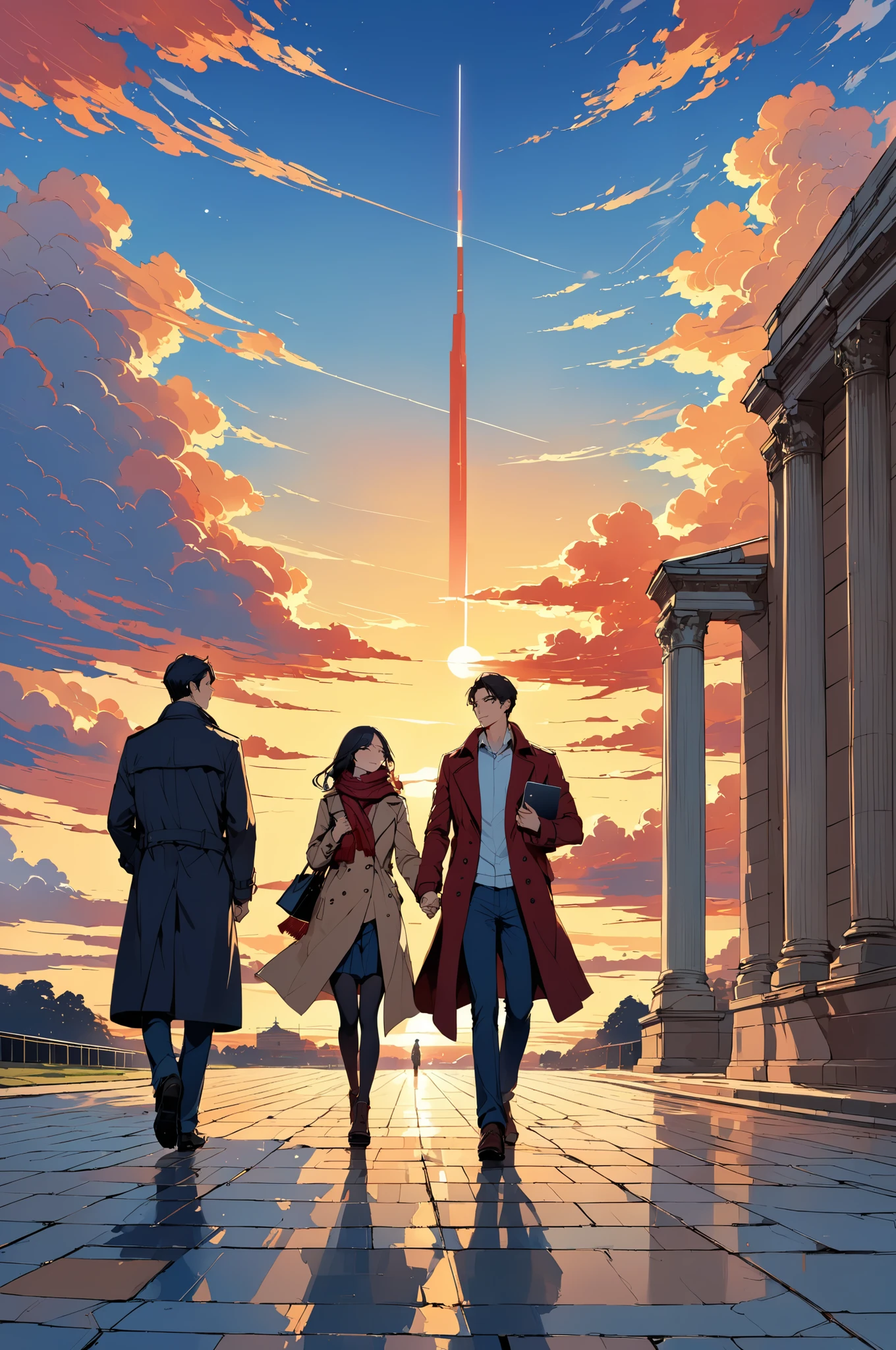 Nation, A man wearing a trench coat and a scarf around his neck, A man in a trench coat is carrying a laptop computer, Academic, good at science, intelligent male figure, The scene conveys a sense of connection, The composition uses the rule of thirds to balance the couple against the expansive sky, Under the sky, University, the crimson horizon adding depth and emotion, Zeal, January, A romantic scene under a clear blue sky, Men and women, Earnest, A beautiful crimson horizon in the distance, Like the Kyanite, Special