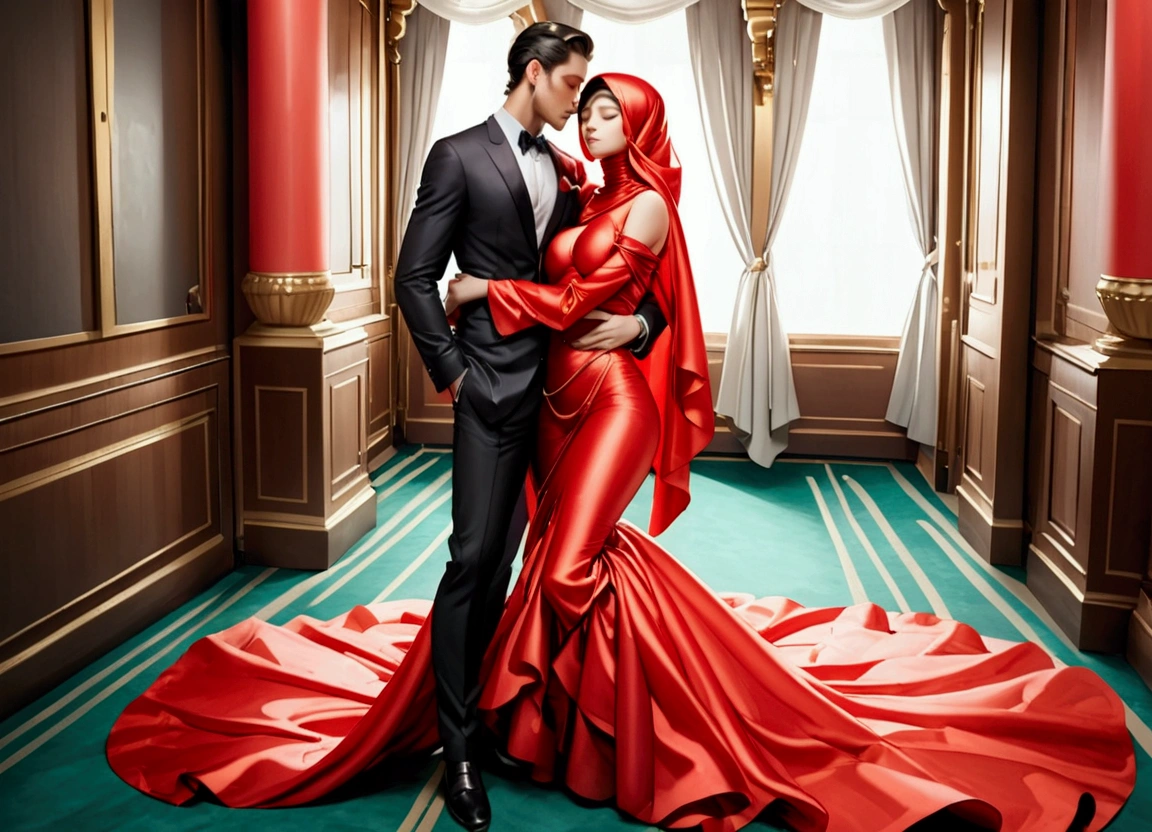 A man wear suit hug and grab and kiss a woman breast who shrouded in a 10-meter-long, plush red satin cloth, tightly bound and grandly draping along the form of her body, flowing off into a pooled floor-length train, styled in a mermaid-inspired outfit, her head modestly veiled in a simple hijab, walk in luxury hotel, dragging her outfit so long, a full-body pose conveying a sense of mysterious elegance, captured in a 4k resolution, ultra-realistic