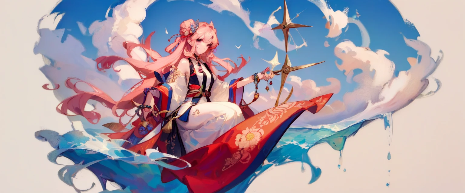 Anime woman, warm pink hair long, wearing traditional clothes, splash art, she is holding scissors and cutting a paper , there are paper and cool particals around her, she is staring at viewer while body is turned to the sideish, chinese inspired, splash art bg