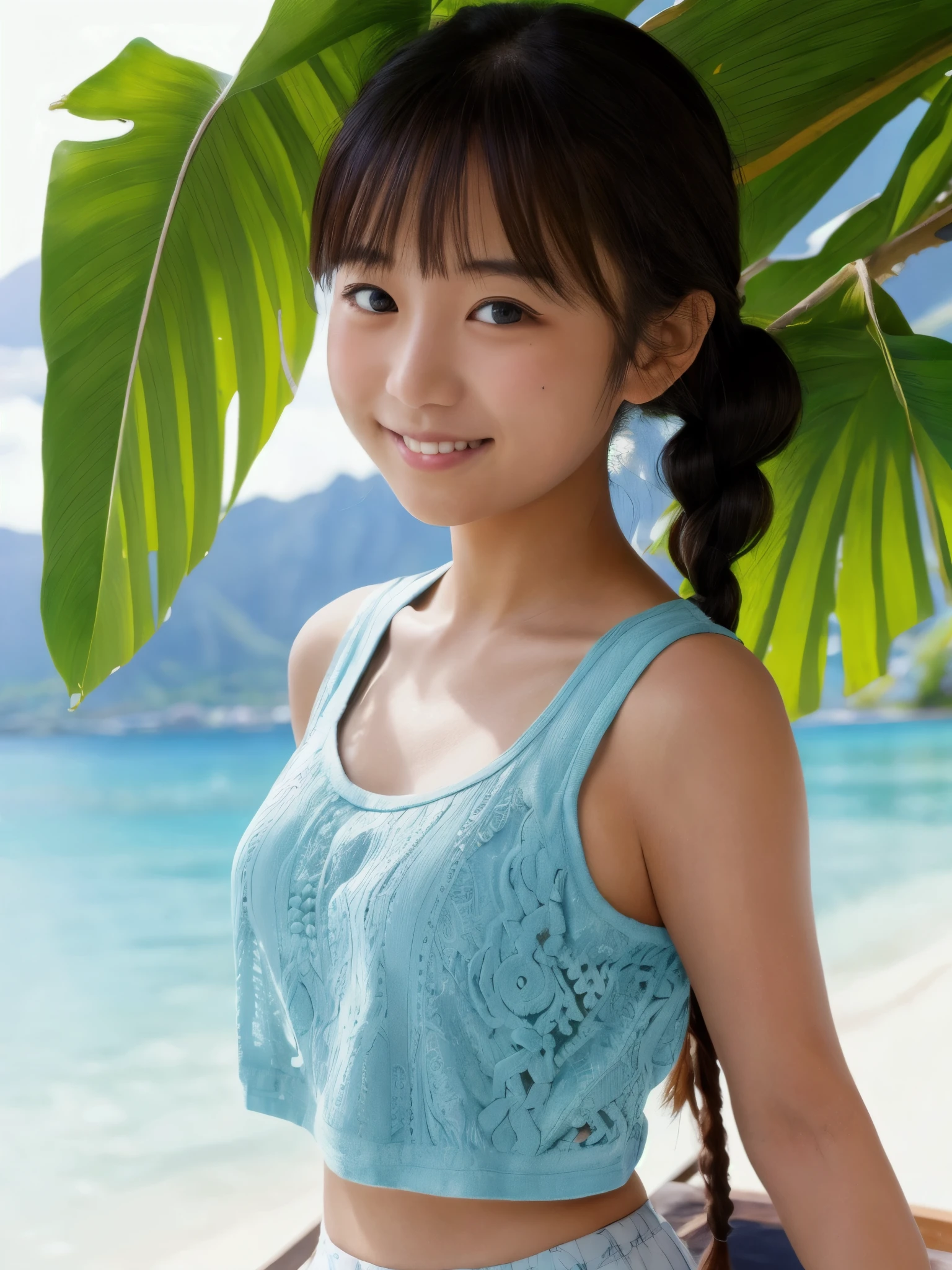 (Beautiful 8 year old Japanese woman), cute face, (deeply carved face:0.7), (freckles:0.6), dramatic lighting, shy, pony tail, (smile), (sparkling eyes), slender, beach volleyball, sitting, white tank top, whole body