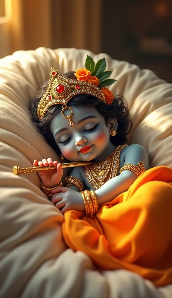 Baby Krishna Sleeping in a Cradle (Anime Style):
"Create an anime image of Krishna, the deity, with a small peacock feather and simple clothes, peacefully sleeping in a decorated cradle surrounded by flowers. The background should be calm and serene."