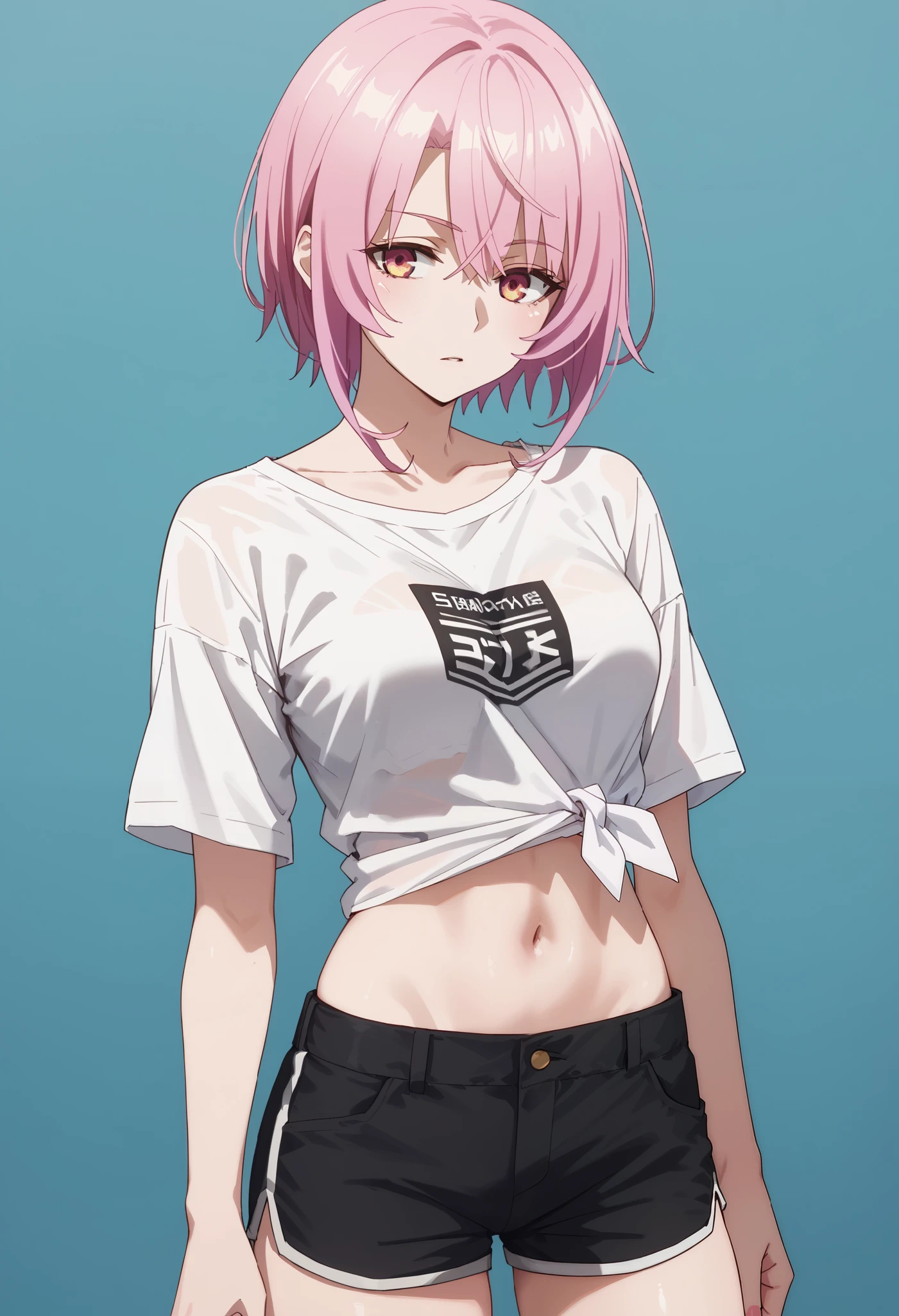 score_9,score_8_up,score_7_up,,solo,smart_sitri,short_hair,pink_hair,white shirt,tied tsirt,midriff,navel,black shorts