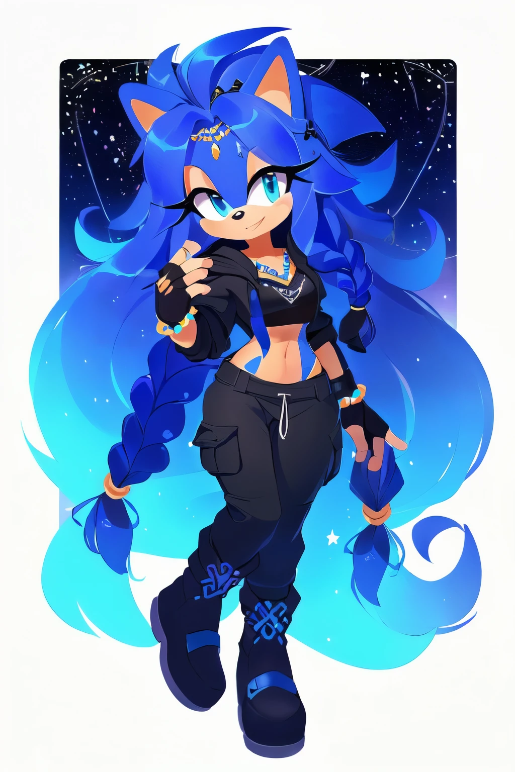 Sonic oc, Mobian, female, sonic the hedgehog but female, Cosmic hedgehog, A beautiful light blue hedgehog, purplish blue eyes, very long hair/quills, braided and beaded long hair bangs, long streaks of hair on each side of her face, (star constellation on hair, beads on hair, smooth fur, slim thick hourglass body, slim fit, wearing a black hoodie, grey baggy shirt, black cargo pants, boots, fingerless gloves, beaded hair and rings on hair flowing hair,