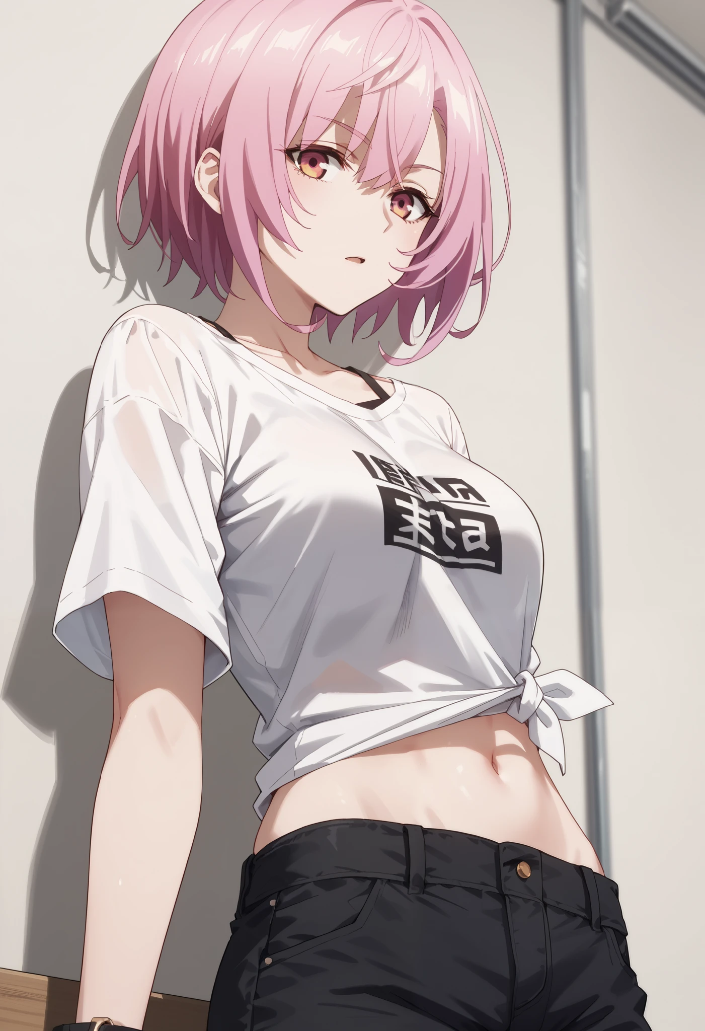 score_9,score_8_up,score_7_up,,solo,smart_sitri,short_hair,pink_hair,white shirt,tied tsirt,midriff,navel,black shorts