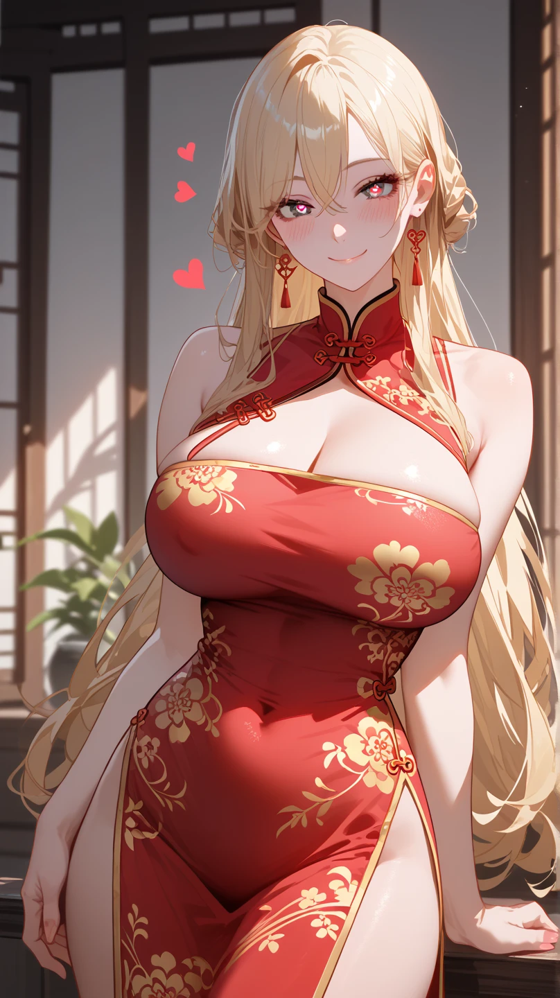 1 Girl,  unique ,  HD, Accurate,  long hair, blond, 头发在眼睛之间,  Big Breasts ,  blush,  has a seductive smile, heart in eye,  Wearing cheongsam