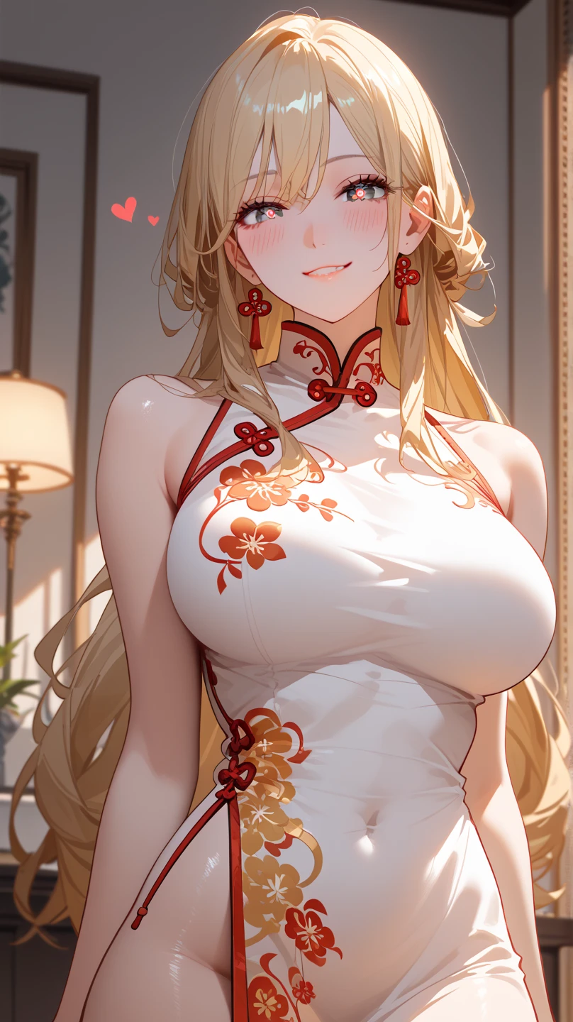 1 Girl,  unique ,  HD, Accurate,  long hair, blond, 头发在眼睛之间,  Big Breasts ,  blush,  has a seductive smile, heart in eye,  Wearing cheongsam