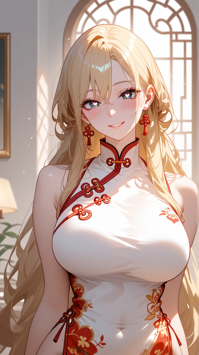 1 Girl,  unique ,  HD, Accurate,  long hair, blond, 头发在眼睛之间,  Big Breasts ,  blush,  has a seductive smile, heart in eye,  Wearing cheongsam