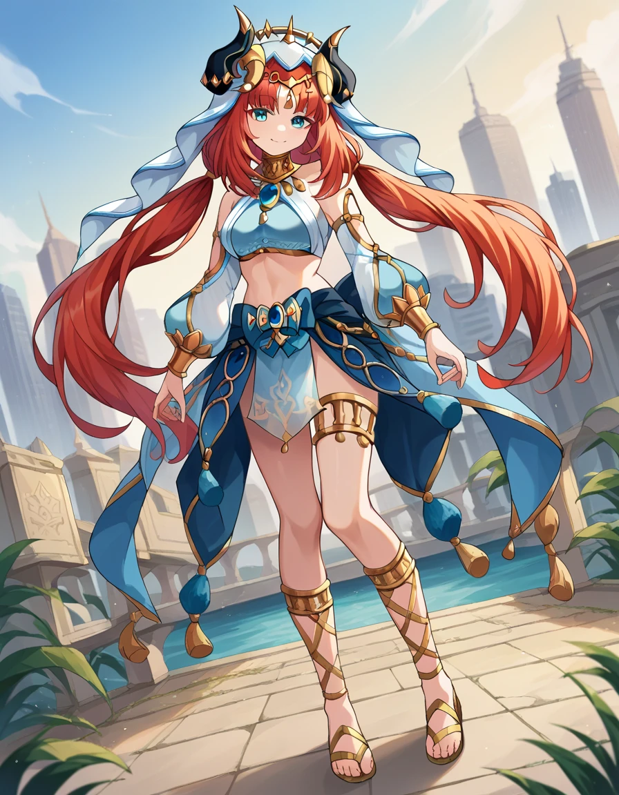 Full body art,full body,score_9, score_8_up, score_7_up, source_anime,
genshinnilou, nilou, red hair, twintails, blue eyes, long hair, smile,
blue skirt, bracer, circlet, crop top, dancer, detached sleeves, fake horns, gladiator sandals, gold footwear, gold trim, horns, jewelry, long sleeves, neck ring, puffy long sleeves, puffy sleeves, sandals, skirt, thighlet, thighs, veil, white headwear, white sleeves, white veil,
outdoors, cityscape,
looking at viewer, dutch angle, cowboy shot,