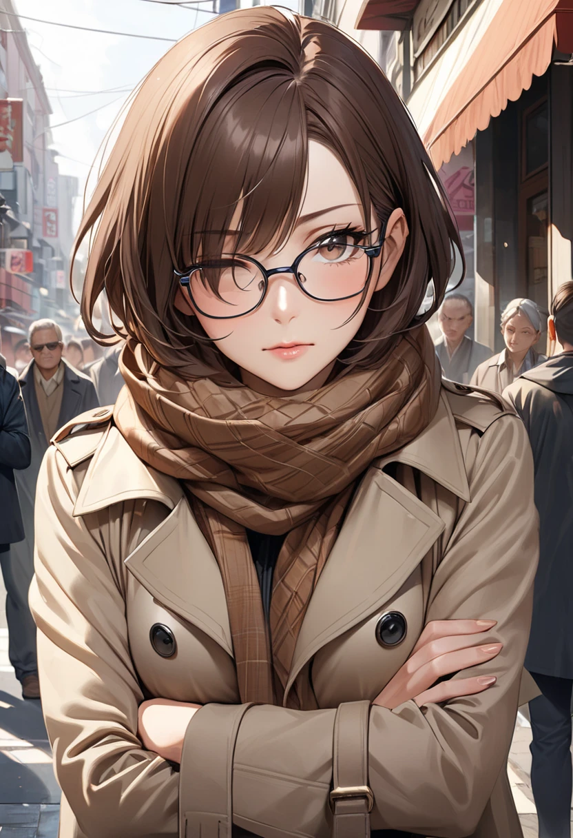 Ogata Saeko  ,  crowded street corner  ,  out baunnsu hair's semi-short brown hair、 middle-aged woman with semi-short brown hair rolled up and hanging from one eye , One person,  wearing square rimmed glasses , Middle-aged woman wearing a trench coat and scarf  ,  slender style ,  serious expression ,  arms crossed , Intelligent and mature cool vibe  , Alone , Realistic and captivating portrayal , Detailed and realistic skin texture(( Blurred Background))