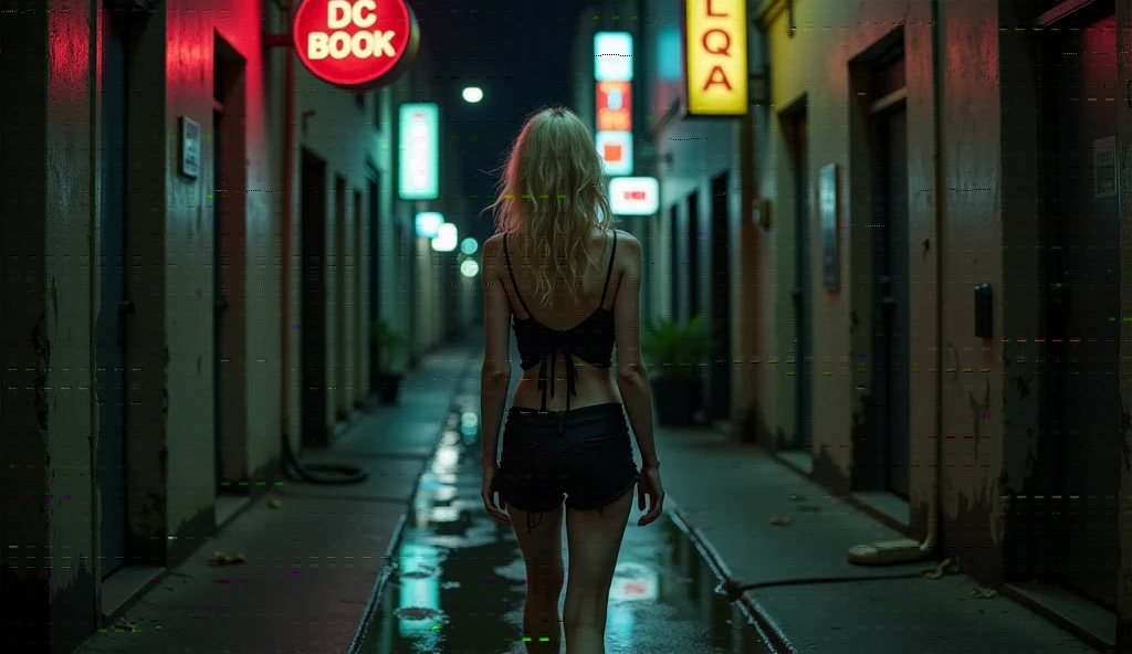 Night, realistic, photography showing a frail, drug-addicted young blonde woman, resembling Emma Stone, with a large interpupillary distance. She has smokey eyes, wears black shorts and flat black shoes, her thin and fragile body moving unsteadily like a drug addict. Seen from behind, she walks down an empty bride New York City walkway at night, neon lights from vibrant signs glowing above and reflecting off the wet pavement.  on the right, she sees the entry of a dirty, dark, side alley.  