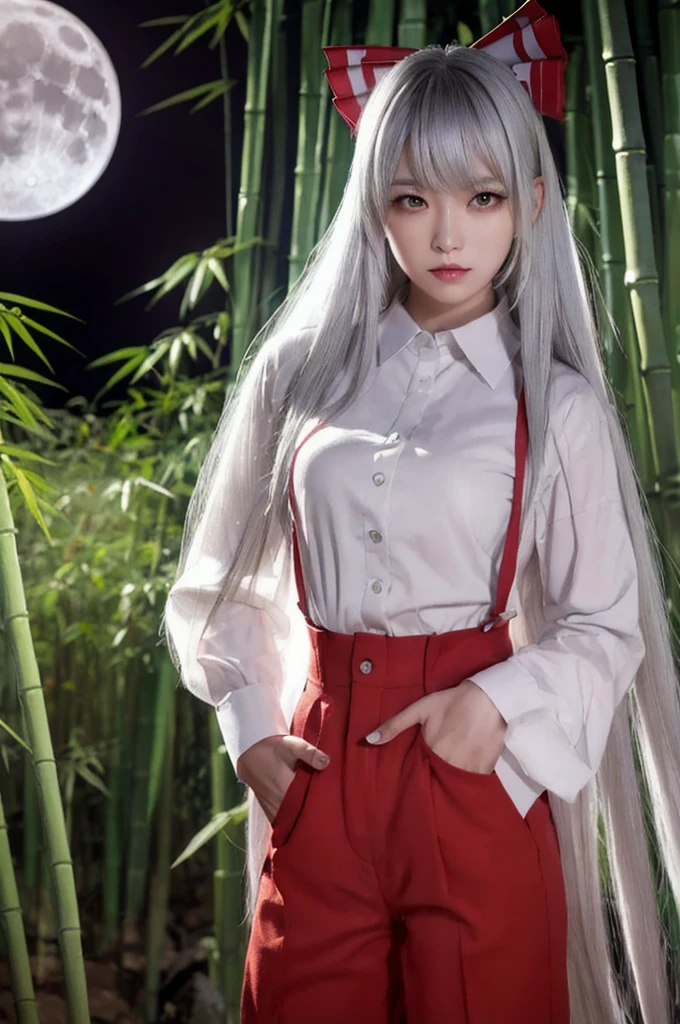 (masterpiece,  top quality :1.3), (the above:1.3), Fujiwara no Moko , Touhou Series, perfect face, expressive eyes,  1 girl,  viewers, ,  beautiful, ( white Hair,  long hair,  white shirt,  red pants :1.3), (Looks bad:1.5), ( cinematic lighting,  realistic ,  dreamy,  Fascinating Atmosphere :1.5), (moonlight streaming in, In the bamboo forest, Midnight, Big full moon:1.3), ( full body shot)